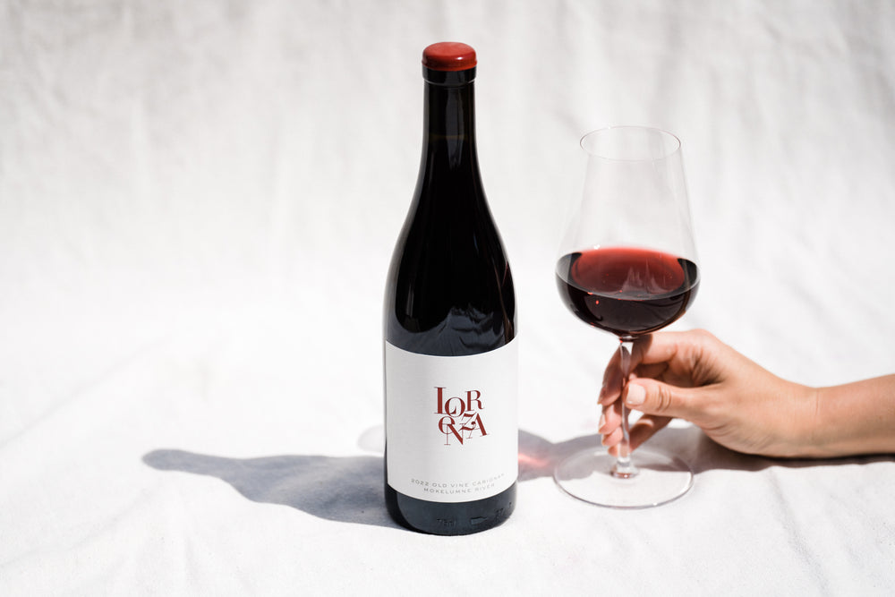 2022 Carignan on white backbground with wine in glass and hand