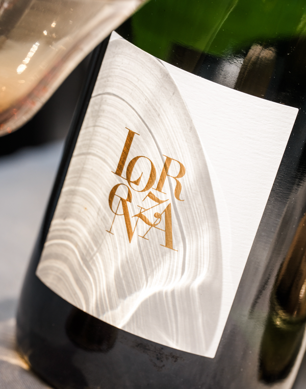 Close up of Sparkling Picpoul Blanc on green bottle with shadows